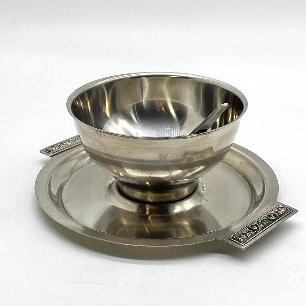 Vintage MCM Silverplated Serving Set Bowl & Tray with Ladle Gravy Sauce Art Deco
